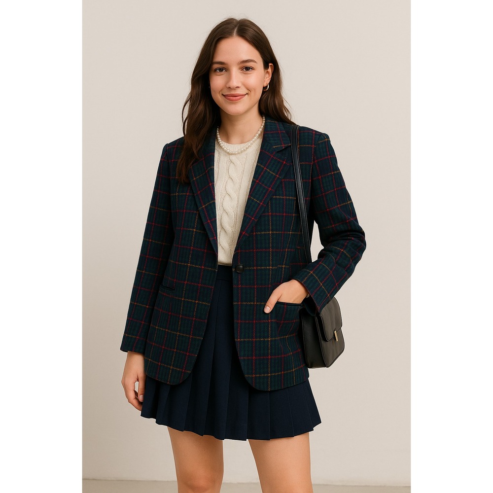 VTG 80s DUMAS Womens Plaid Blazer Green Navy Red Wool Look Jacket Size Large USA